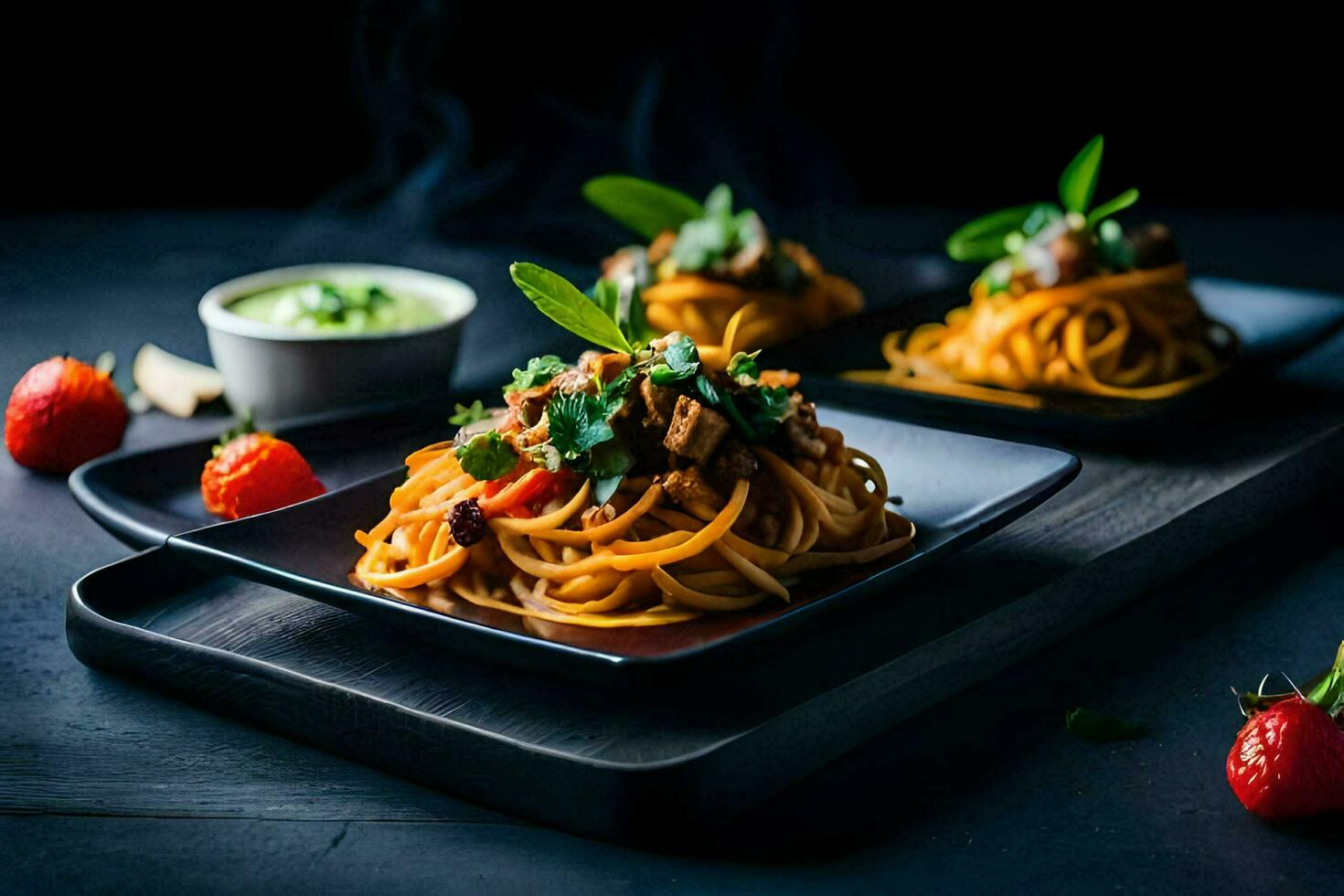 Due piatti con spaghetti e fragole su loro. ai-generato foto