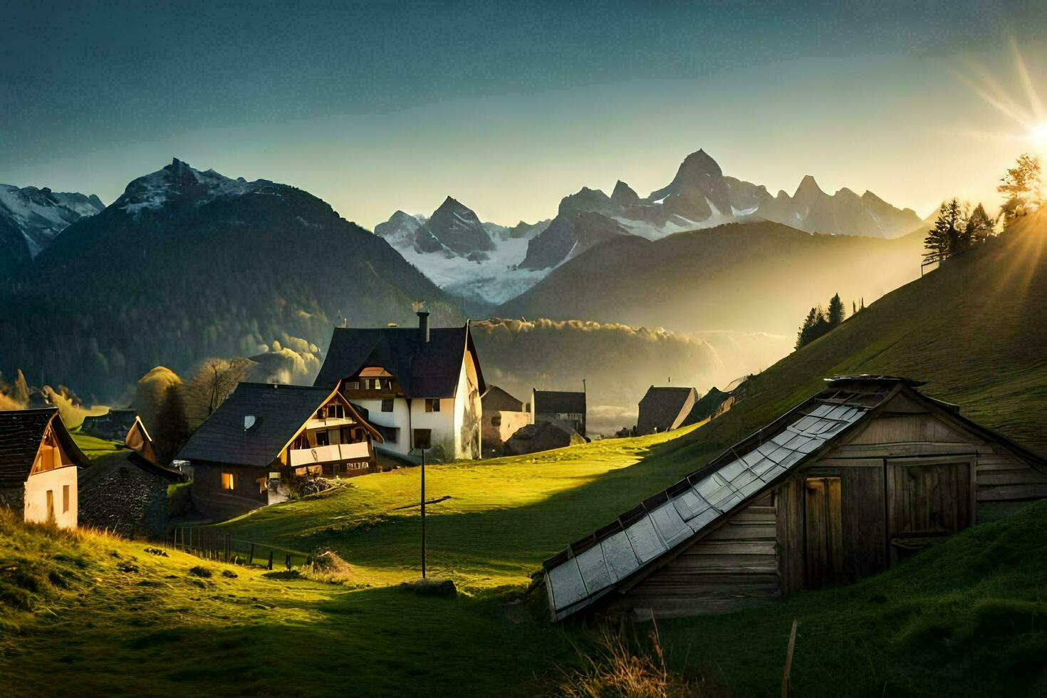 un' piccolo villaggio nel il montagne con un' sole splendente. ai-generato foto