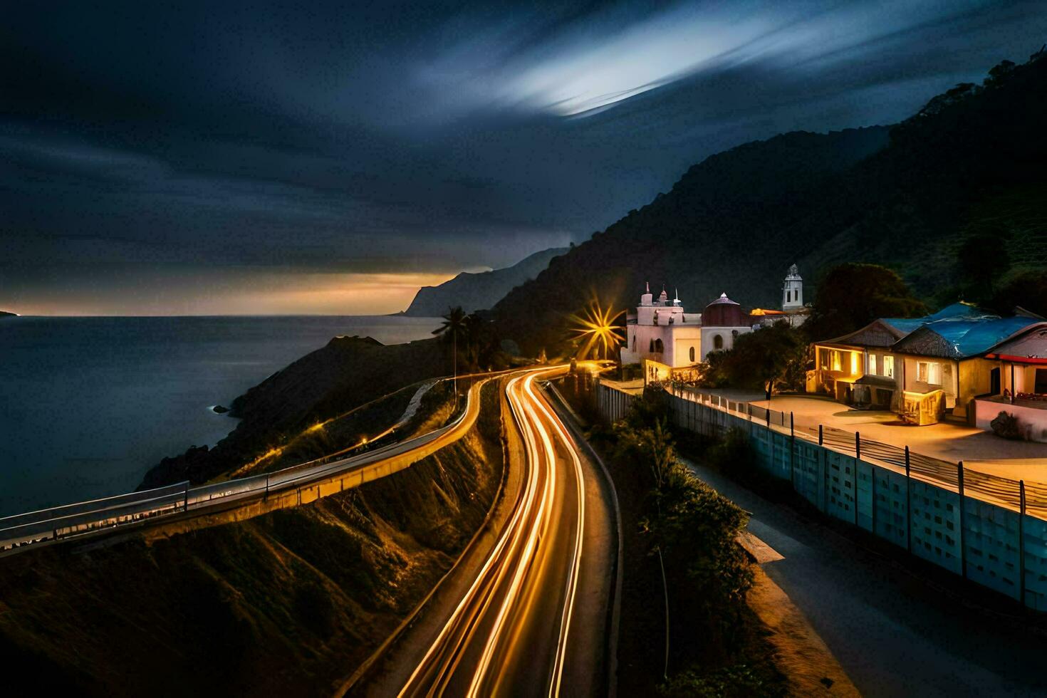 un' lungo esposizione foto di un' strada e case di il oceano. ai-generato