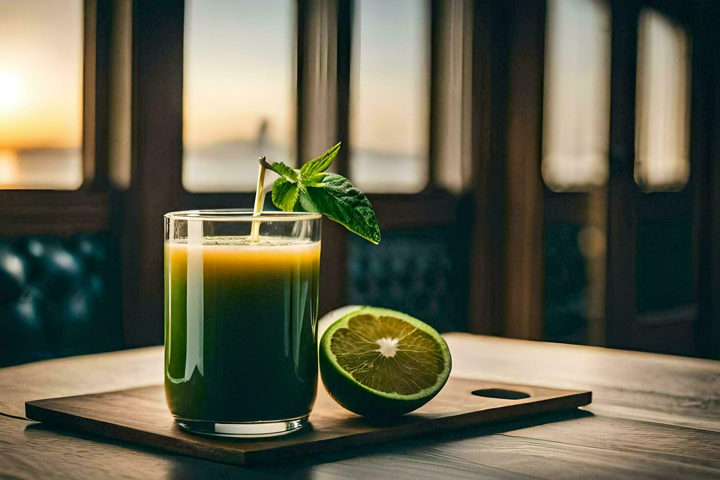 un' bicchiere di verde succo con lime su un' di legno tavolo. ai-generato foto