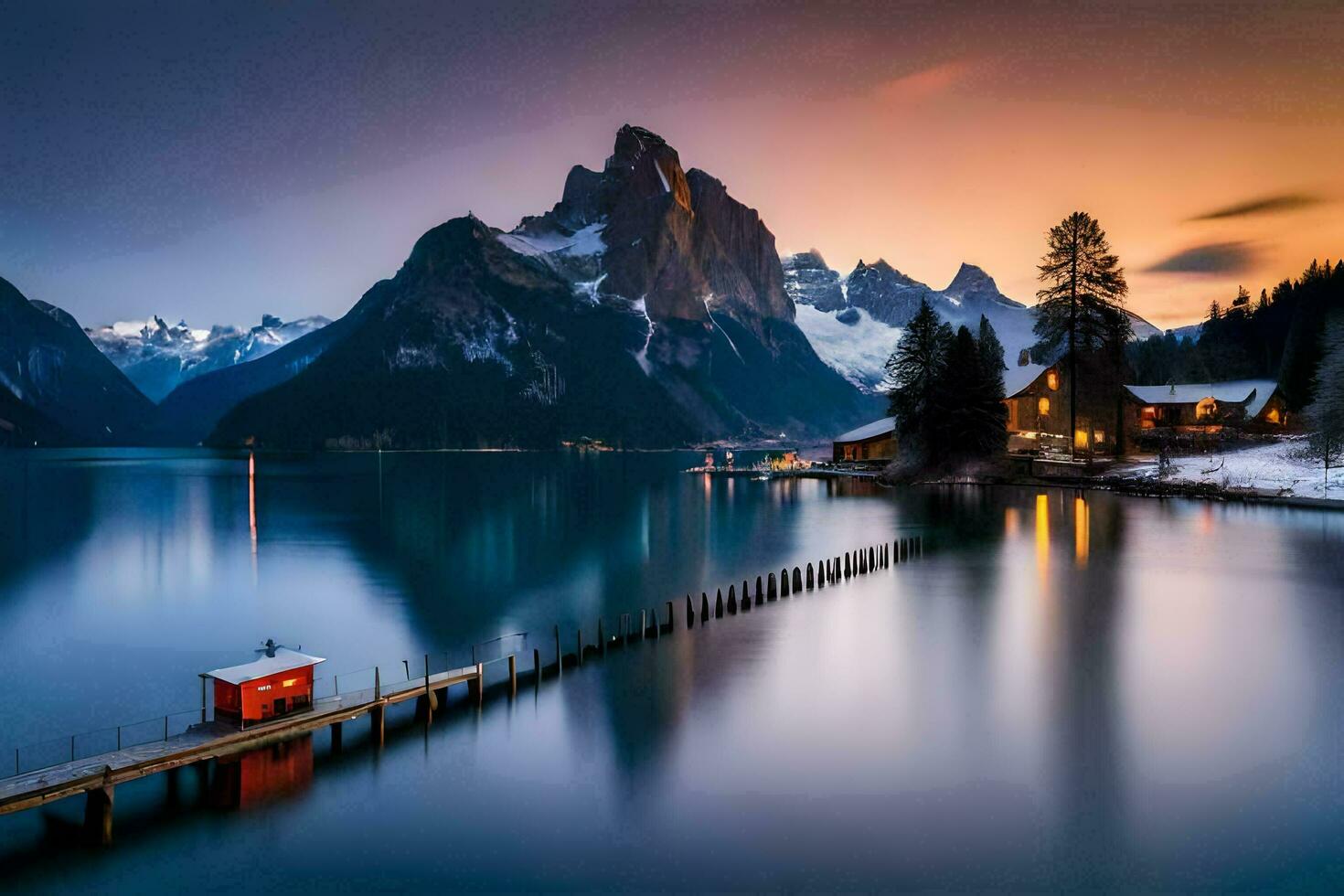 un' lago e montagna gamma a tramonto. ai-generato foto