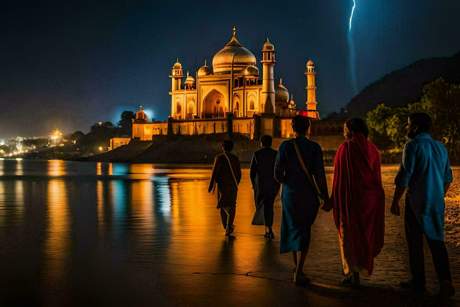 persone a piedi lungo il fiume a notte con un' moschea nel il sfondo. ai-generato foto