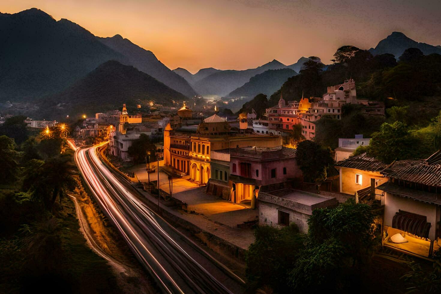 foto sfondo il cielo, montagne, strada, cittadina, Vietnam, il tramonto, il. ai-generato