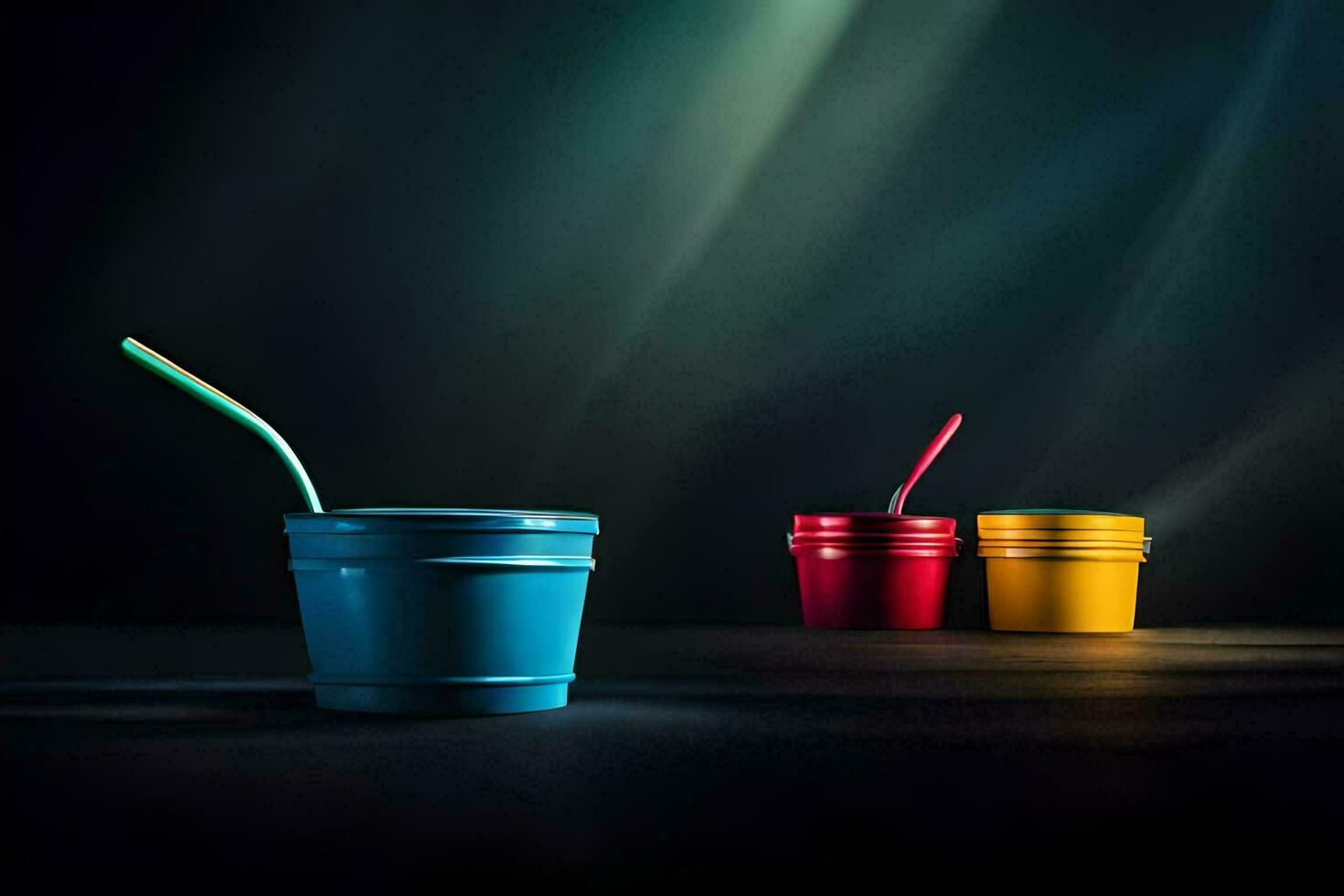 tre colorato plastica tazze con cannucce su un' buio sfondo. ai-generato foto