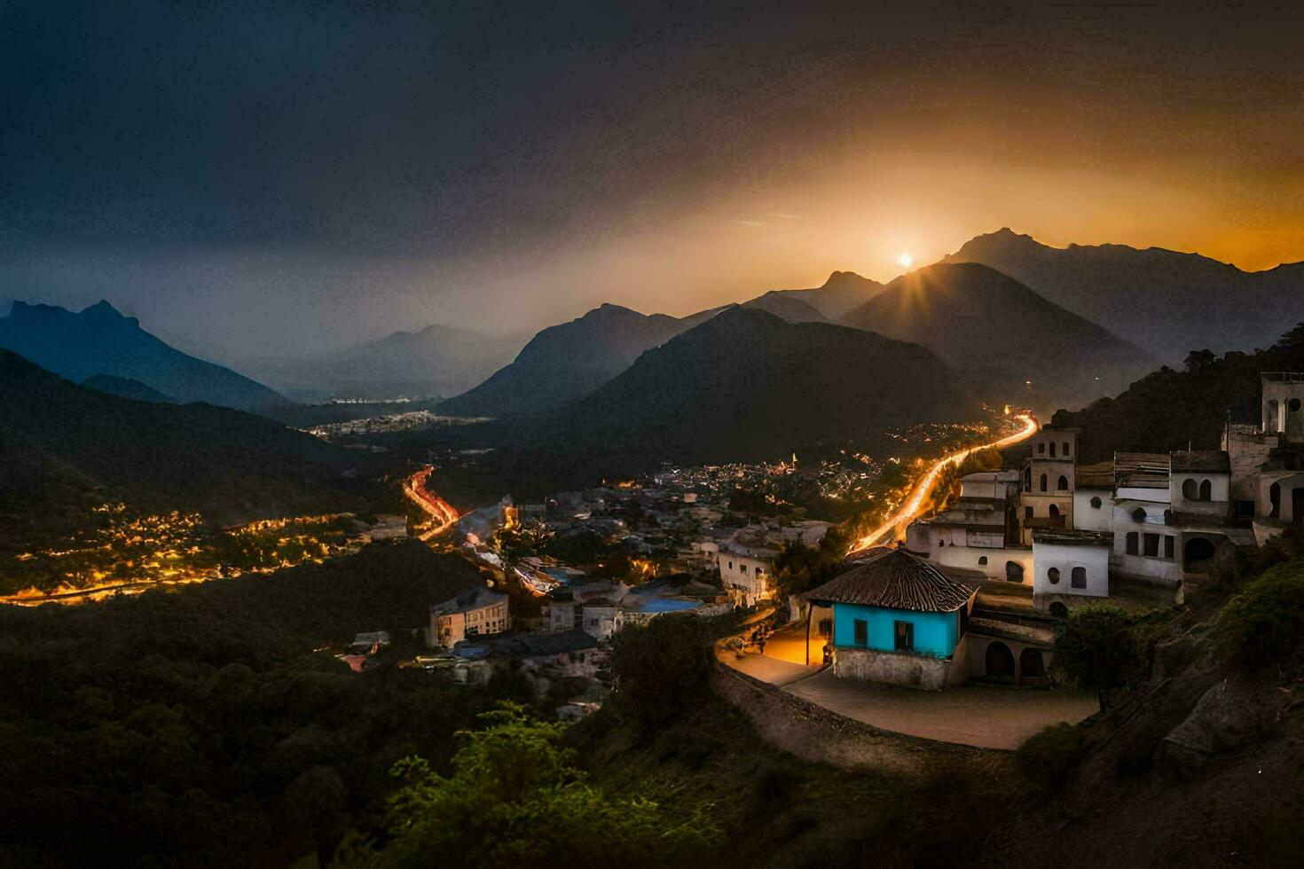 il sole imposta al di sopra di un' villaggio nel il montagne. ai-generato foto