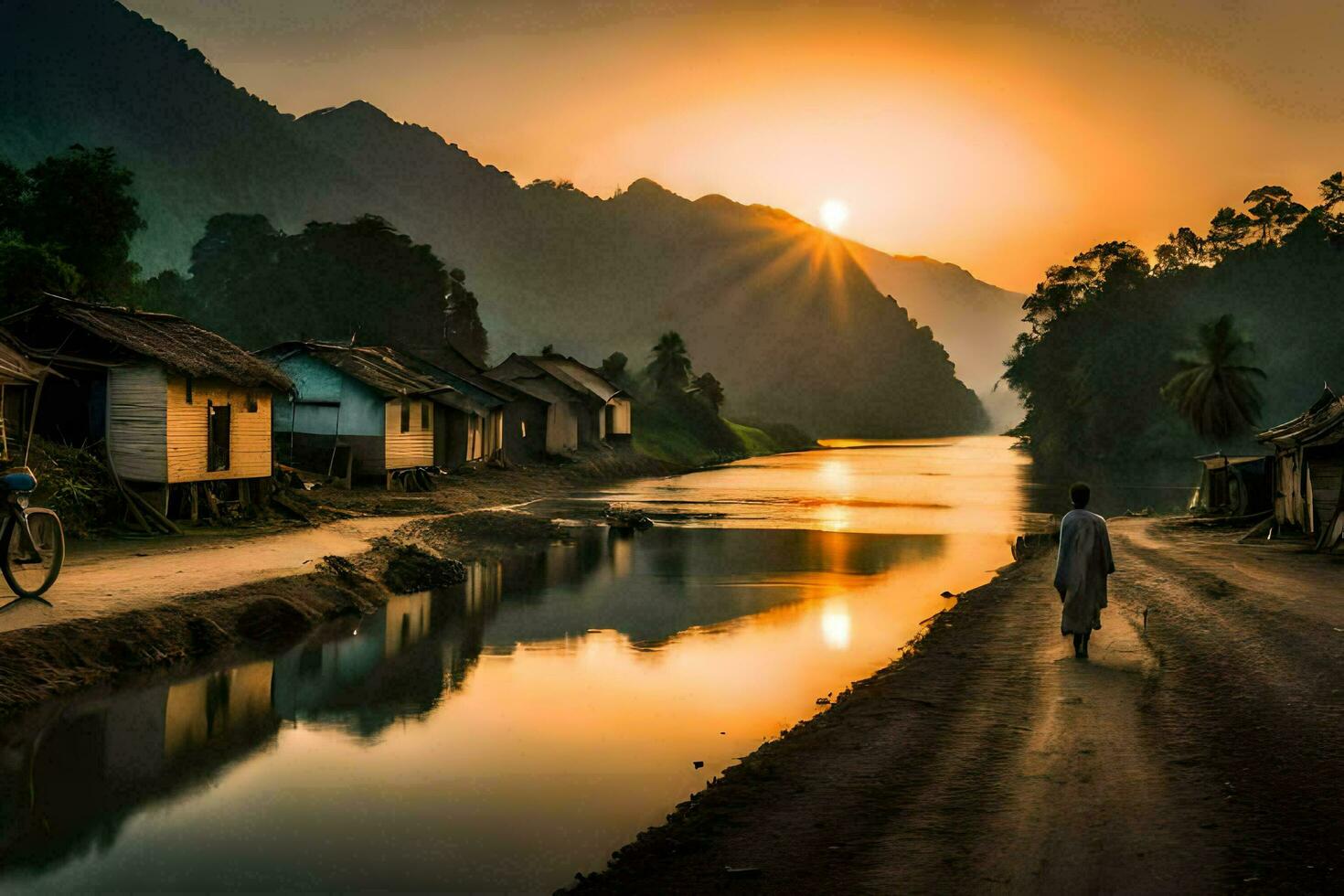 un' uomo a piedi giù un' strada con un' bicicletta nel davanti di un' fiume. ai-generato foto