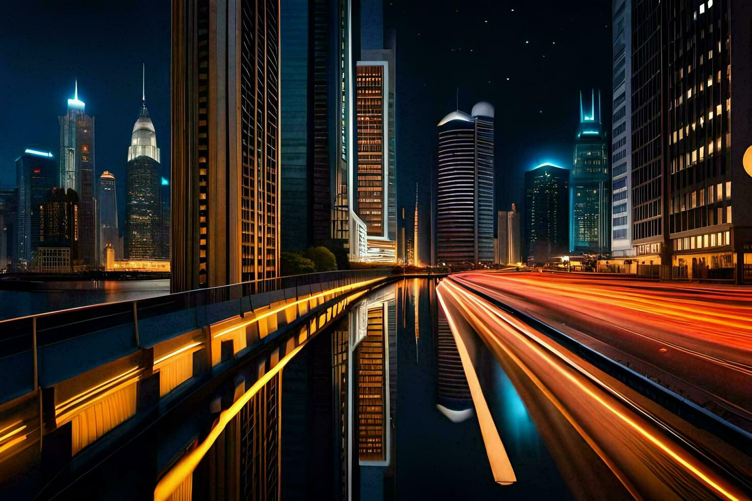 un' città a notte con luci su il edifici. ai-generato foto