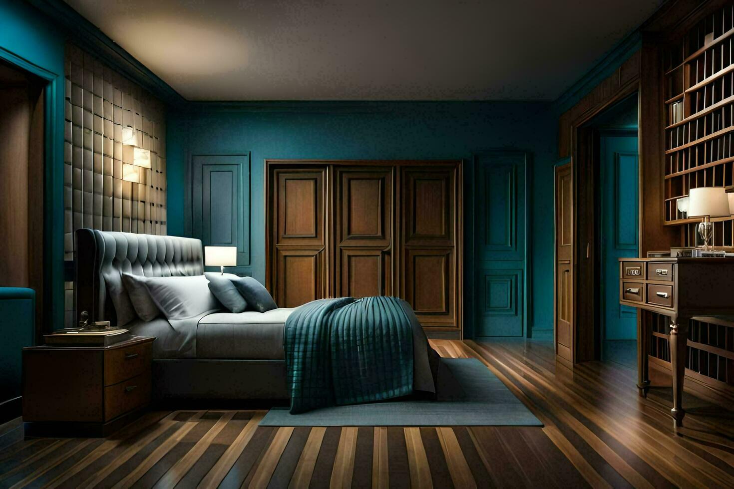 un' Camera da letto con blu muri e legna piani. ai-generato foto