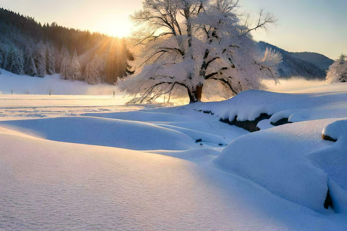 un' albero coperto nel neve nel il mezzo di un' nevoso campo. ai-generato foto