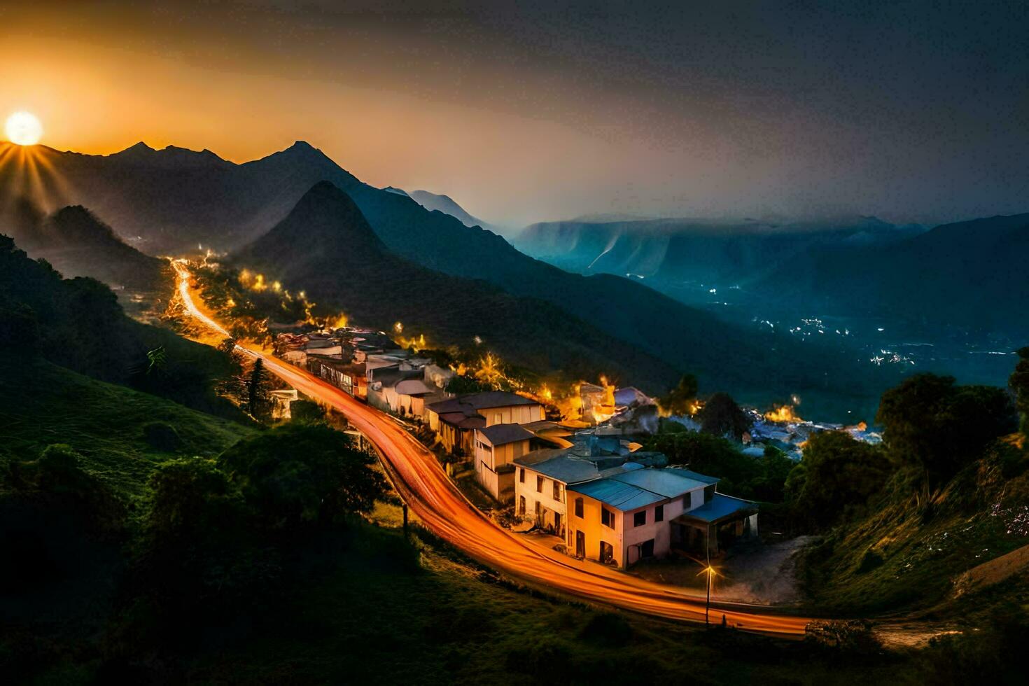 il sole imposta al di sopra di un' villaggio nel il montagne. ai-generato foto