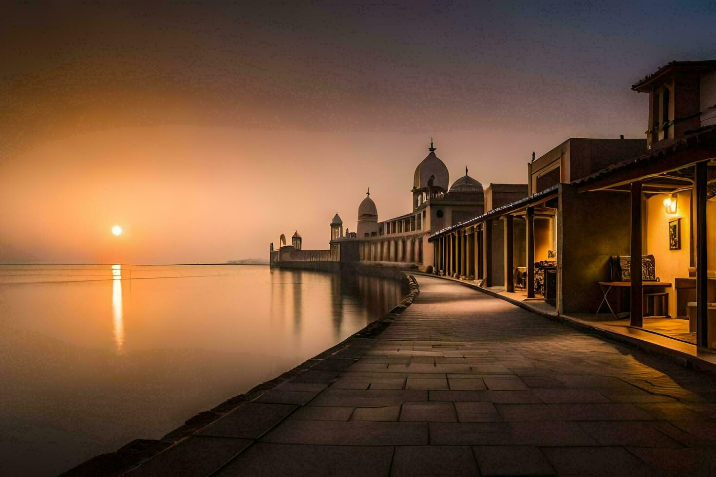 il sole imposta al di sopra di un' lungo molo con edifici e acqua. ai-generato foto