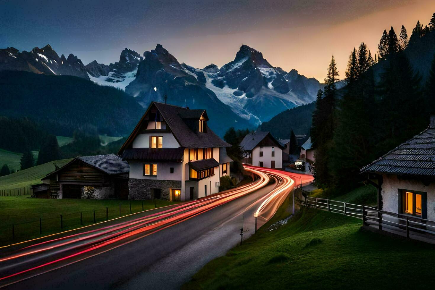 un' villaggio nel il Alpi a tramonto. ai-generato foto