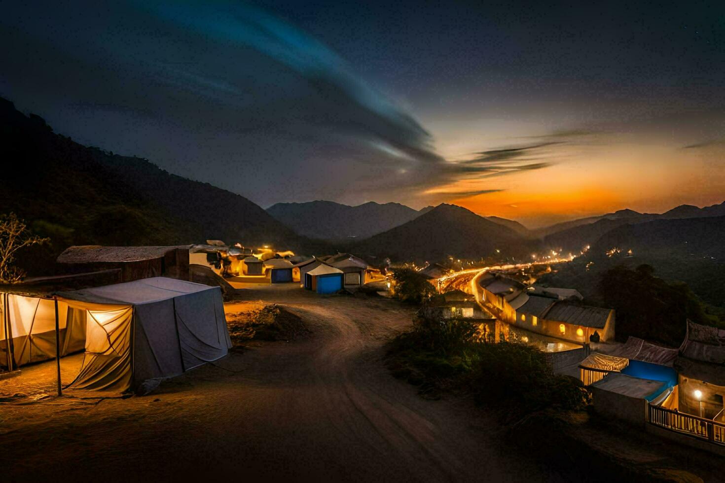 un' villaggio a notte con luci su il strada. ai-generato foto