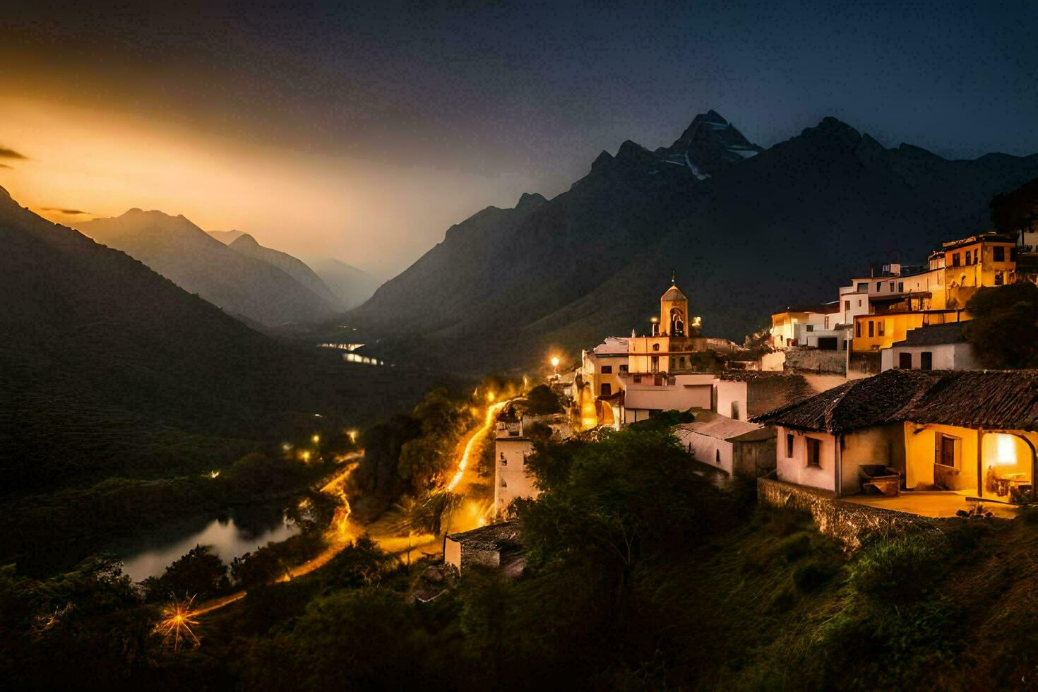 foto sfondo il cielo, montagne, il città, il villaggio, il montagne, il città,. ai-generato