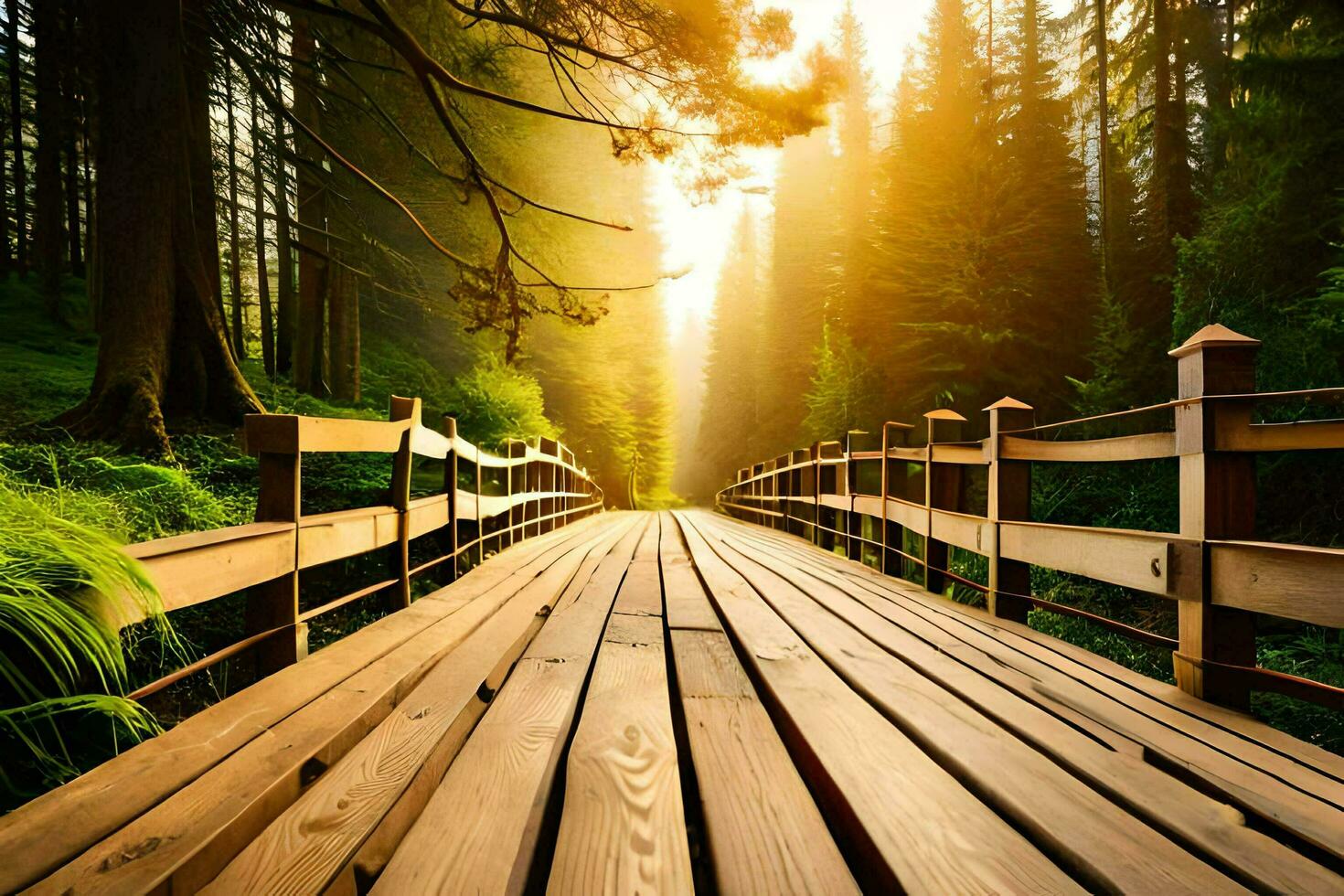 di legno ponte nel il foresta a tramonto. ai-generato foto