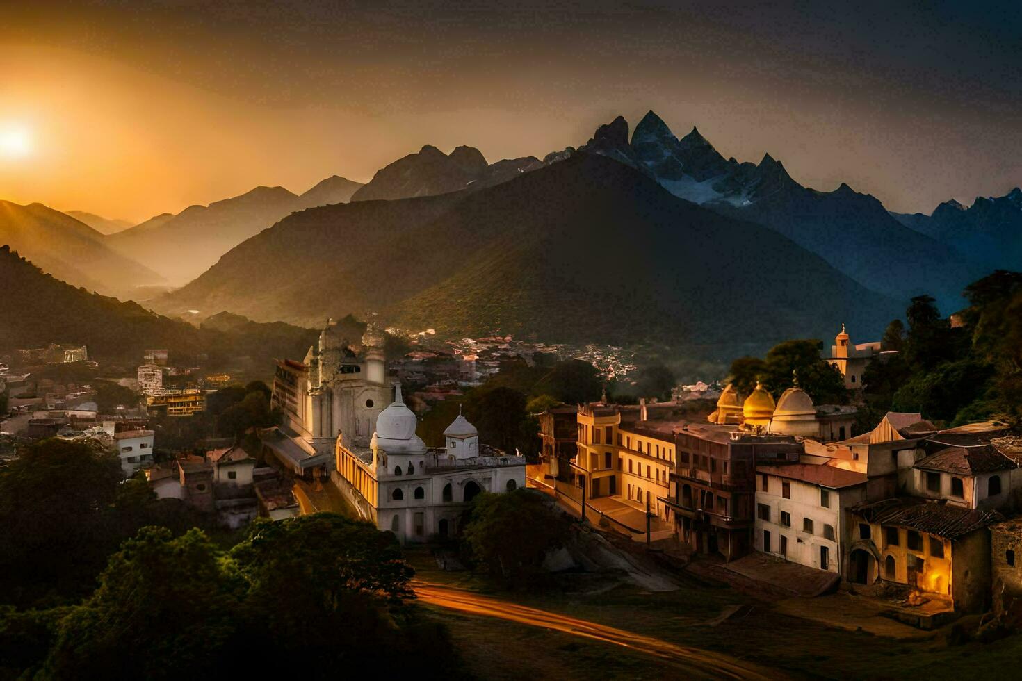 foto sfondo il cielo, montagne, il città, il sole, il montagne, il città,. ai-generato