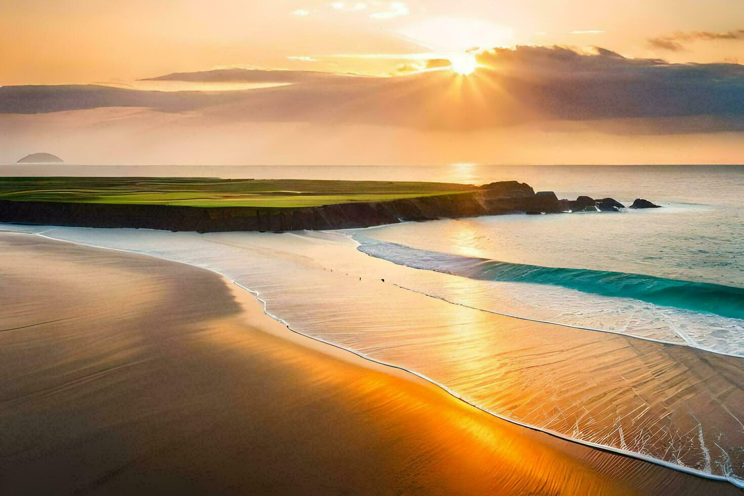 il sole imposta al di sopra di il oceano e il spiaggia a dunluce spiaggia, contea Kerry,. ai-generato foto