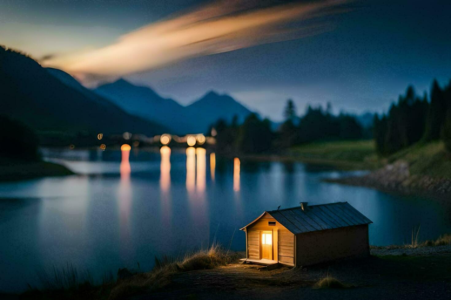 il Casa di il lago, lago, montagne, HD sfondo. ai-generato foto