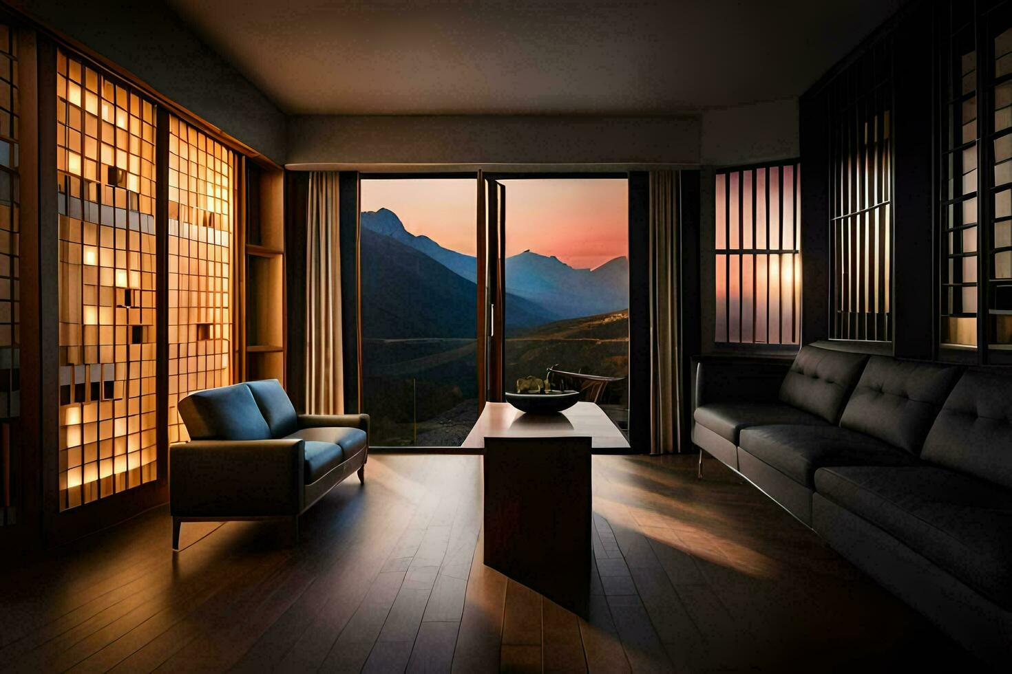 un' vivente camera con un' Visualizza di montagne a tramonto. ai-generato foto