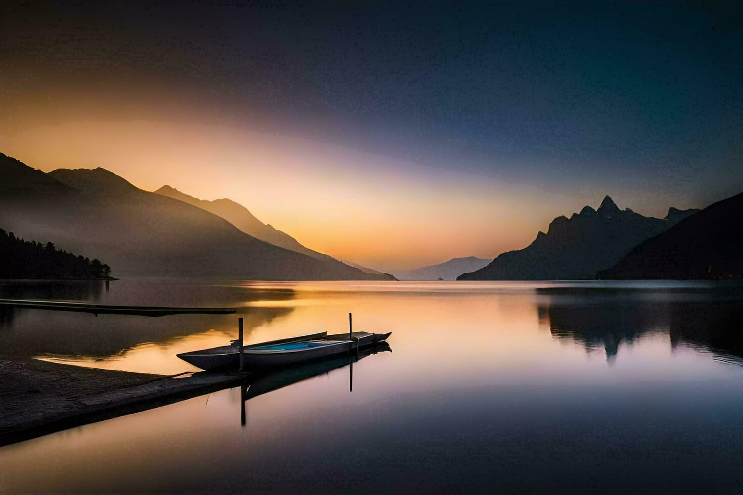 un' barca si siede su il acqua a tramonto. ai-generato foto