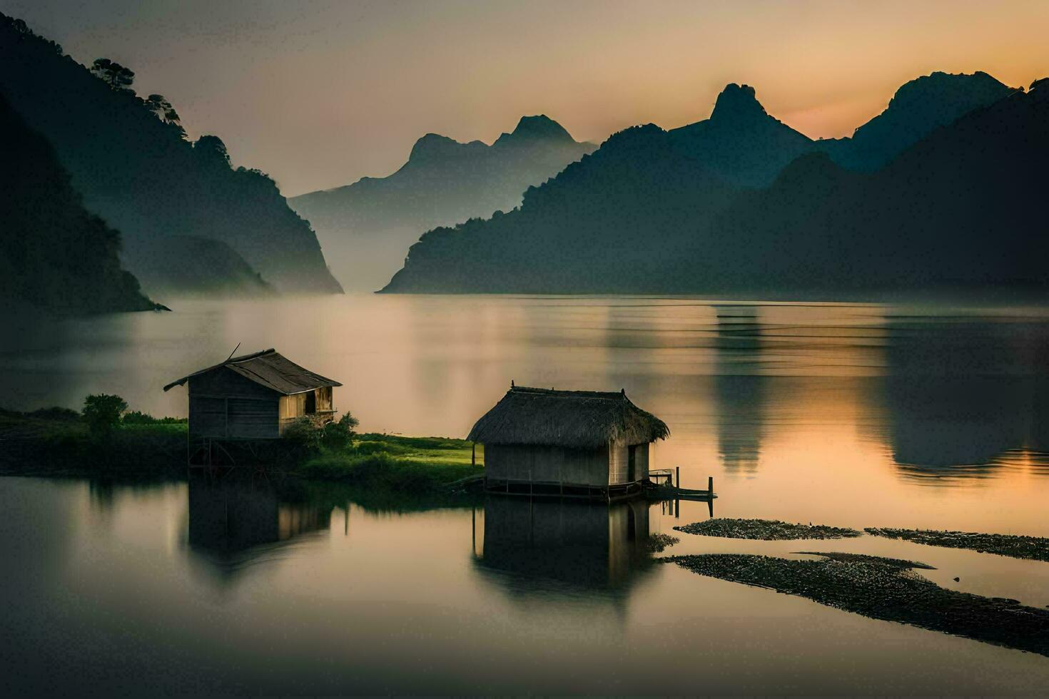 un' piccolo capanna si siede su il riva di un' lago. ai-generato foto