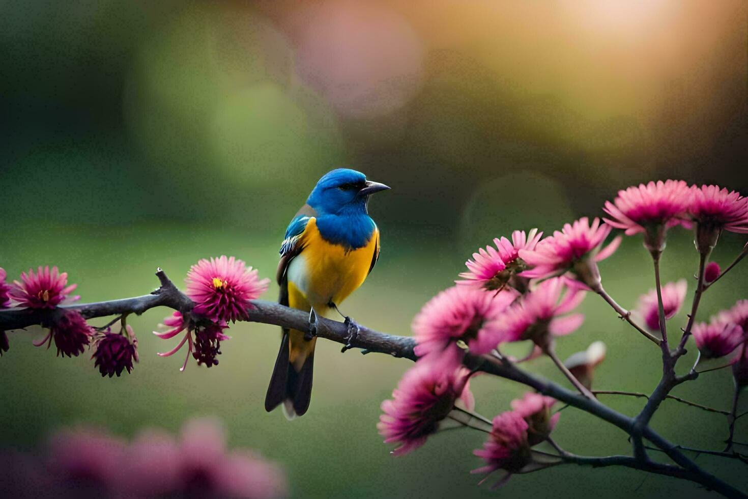 un' blu e giallo uccello è arroccato su un' ramo con rosa fiori. ai-generato foto