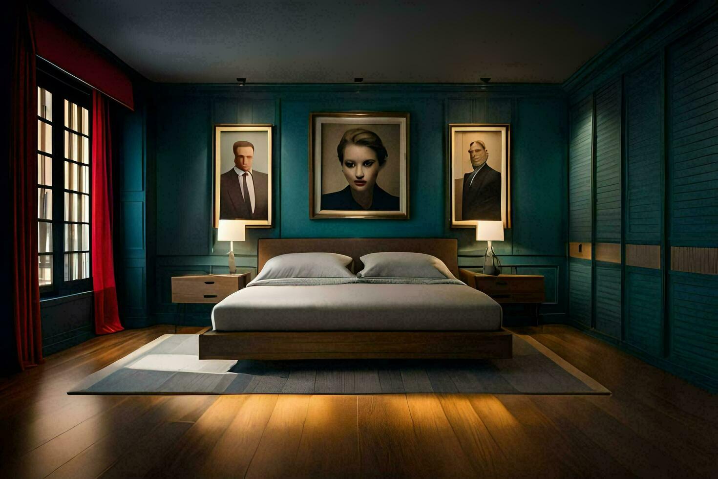 un' Camera da letto con blu muri e legna piani. ai-generato foto