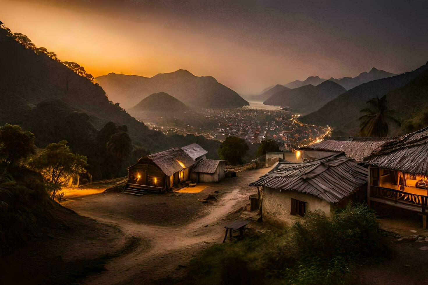 un' villaggio a tramonto nel il montagne. ai-generato foto