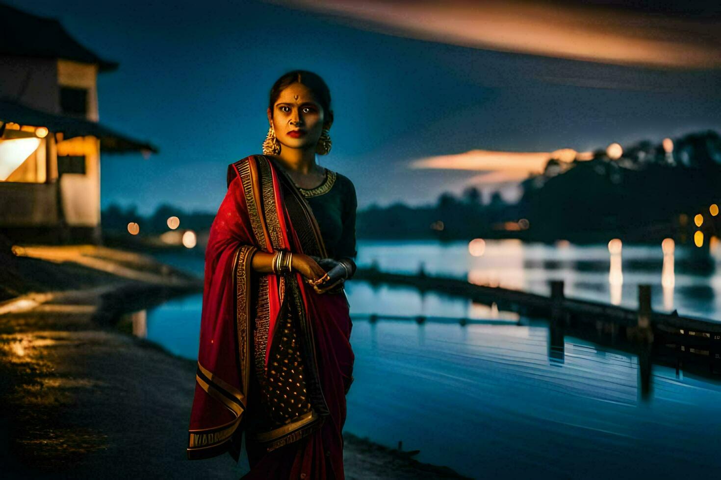 un' donna nel un' sari sta di il acqua a notte. ai-generato foto