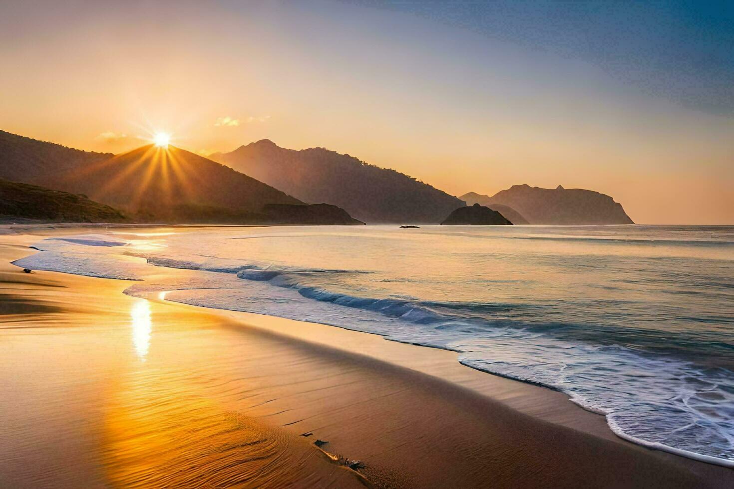 il sole sorge al di sopra di il oceano e montagne nel Questo bellissimo spiaggia. ai-generato foto