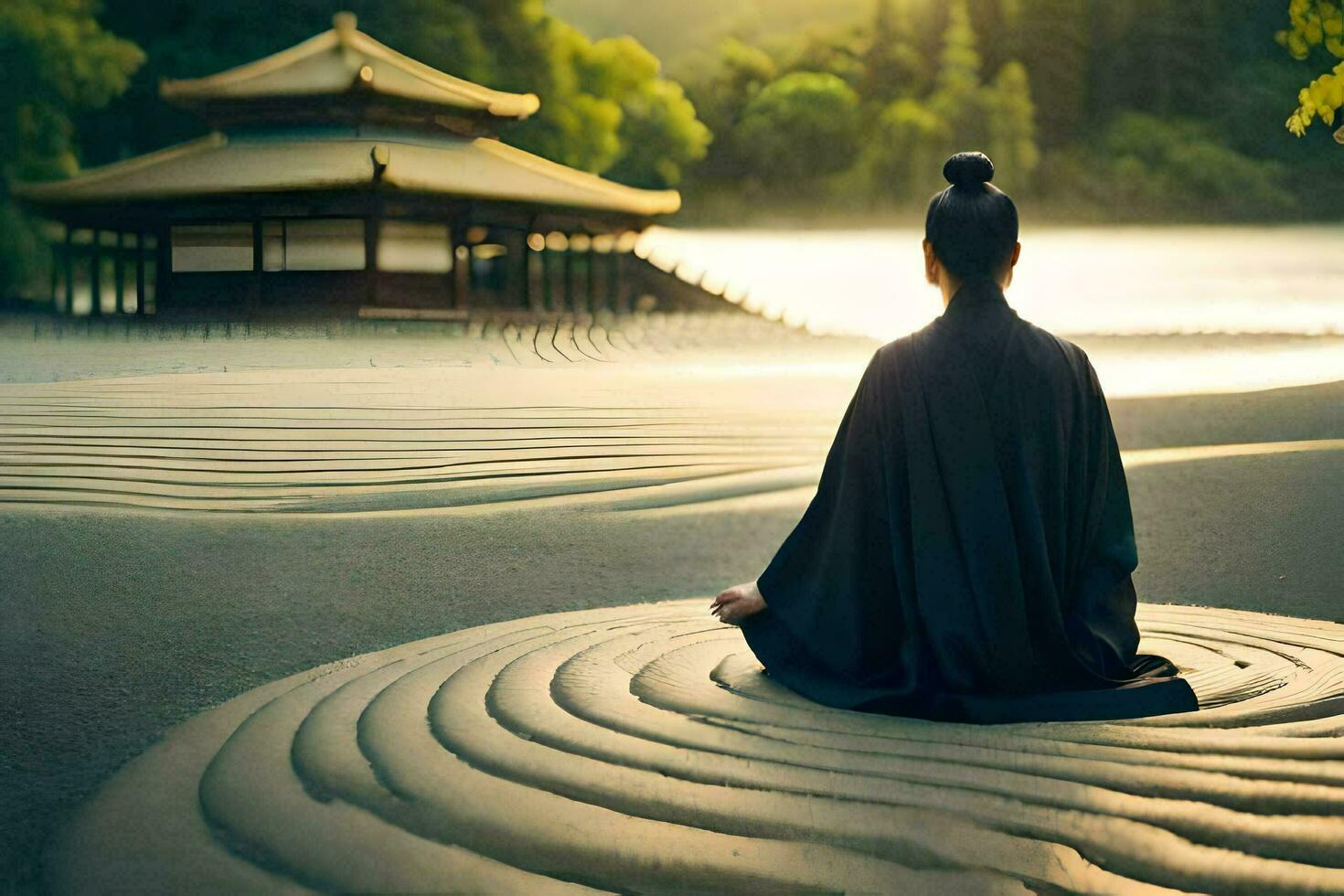 un' donna Meditare nel il sabbia a il spiaggia. ai-generato foto