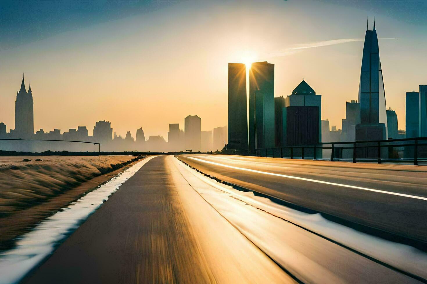 un' autostrada con il sole ambientazione dietro a esso. ai-generato foto