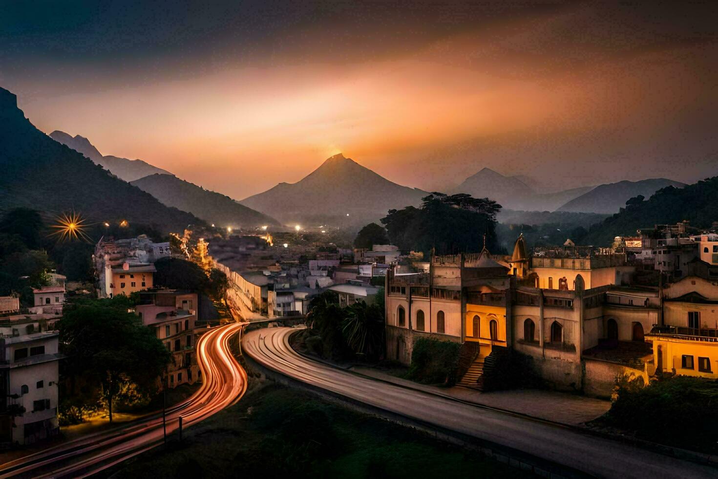 un' cittadina a tramonto con montagne nel il sfondo. ai-generato foto