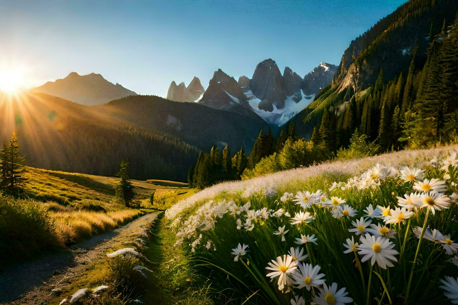 il sole brilla su il fiori nel il campo. ai-generato foto