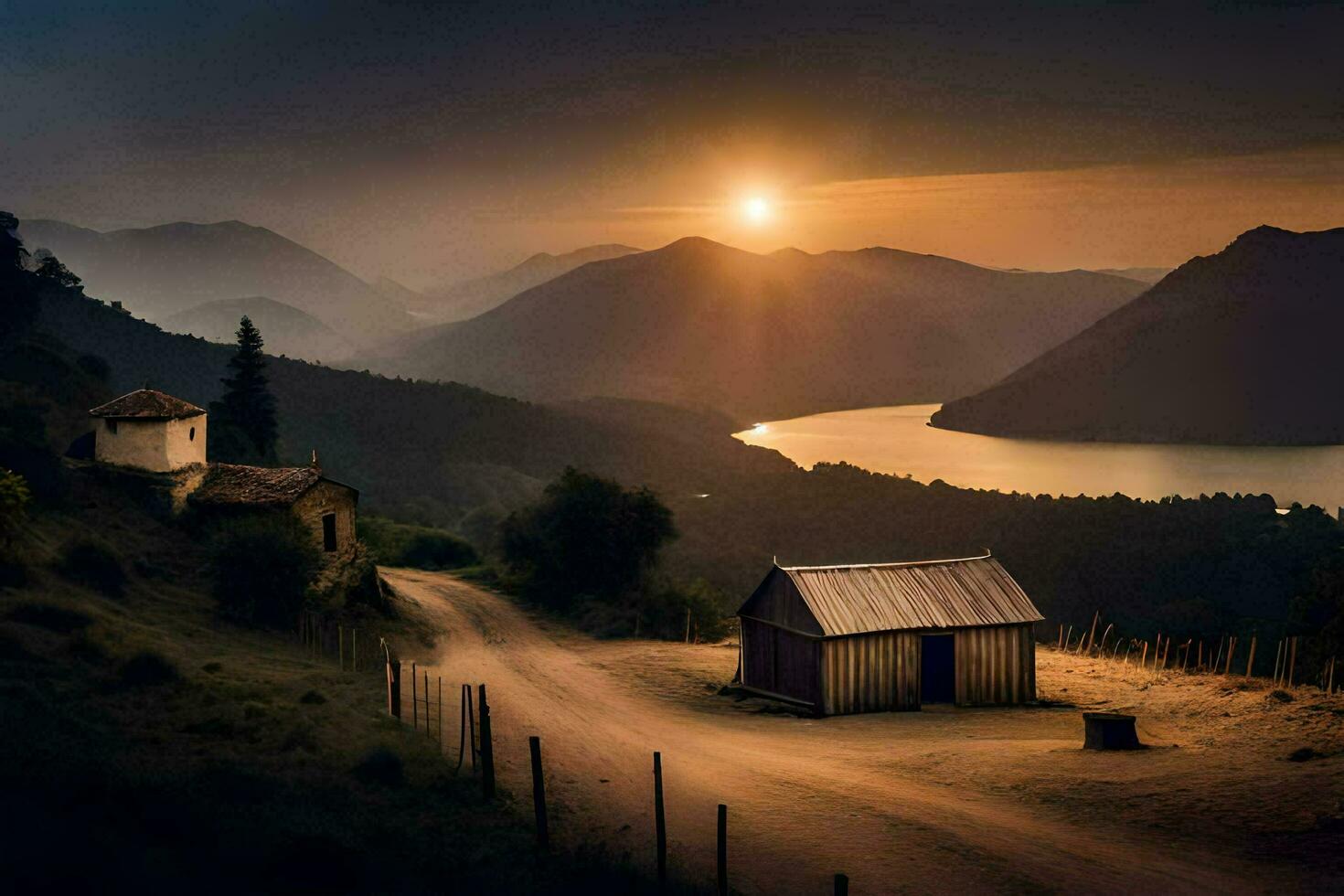 un' piccolo cabina si siede su il lato di un' montagna prospiciente un' lago. ai-generato foto