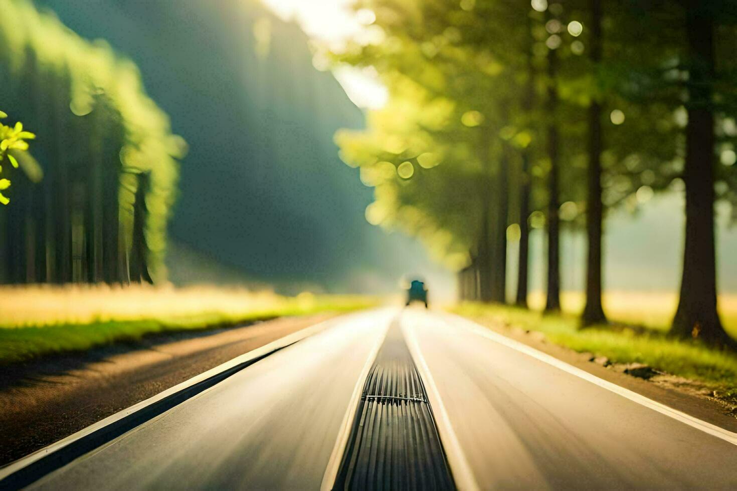 un' auto guida giù un' strada nel il mezzo di un' foresta. ai-generato foto