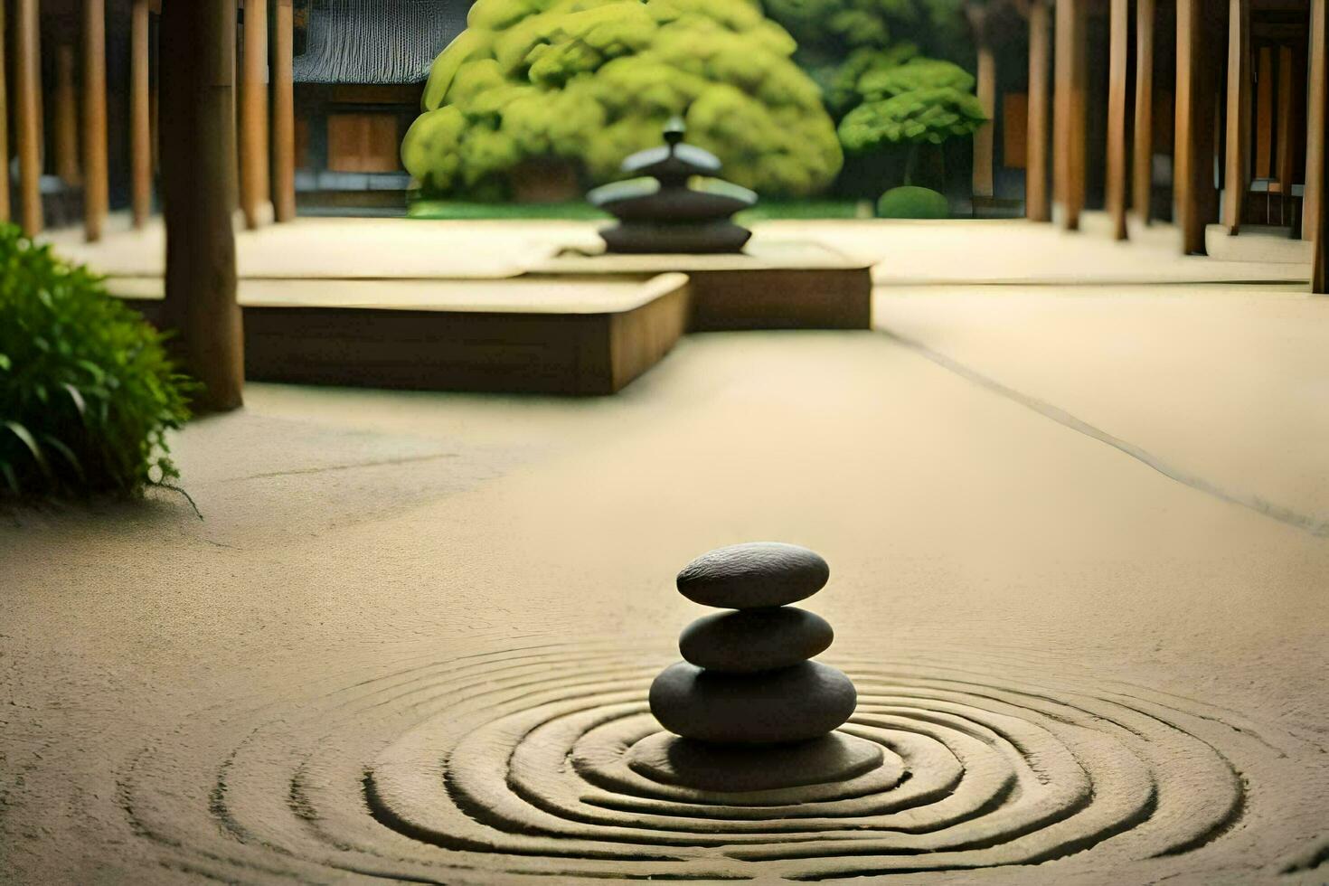 un' zen giardino con pietre e un' albero. ai-generato foto