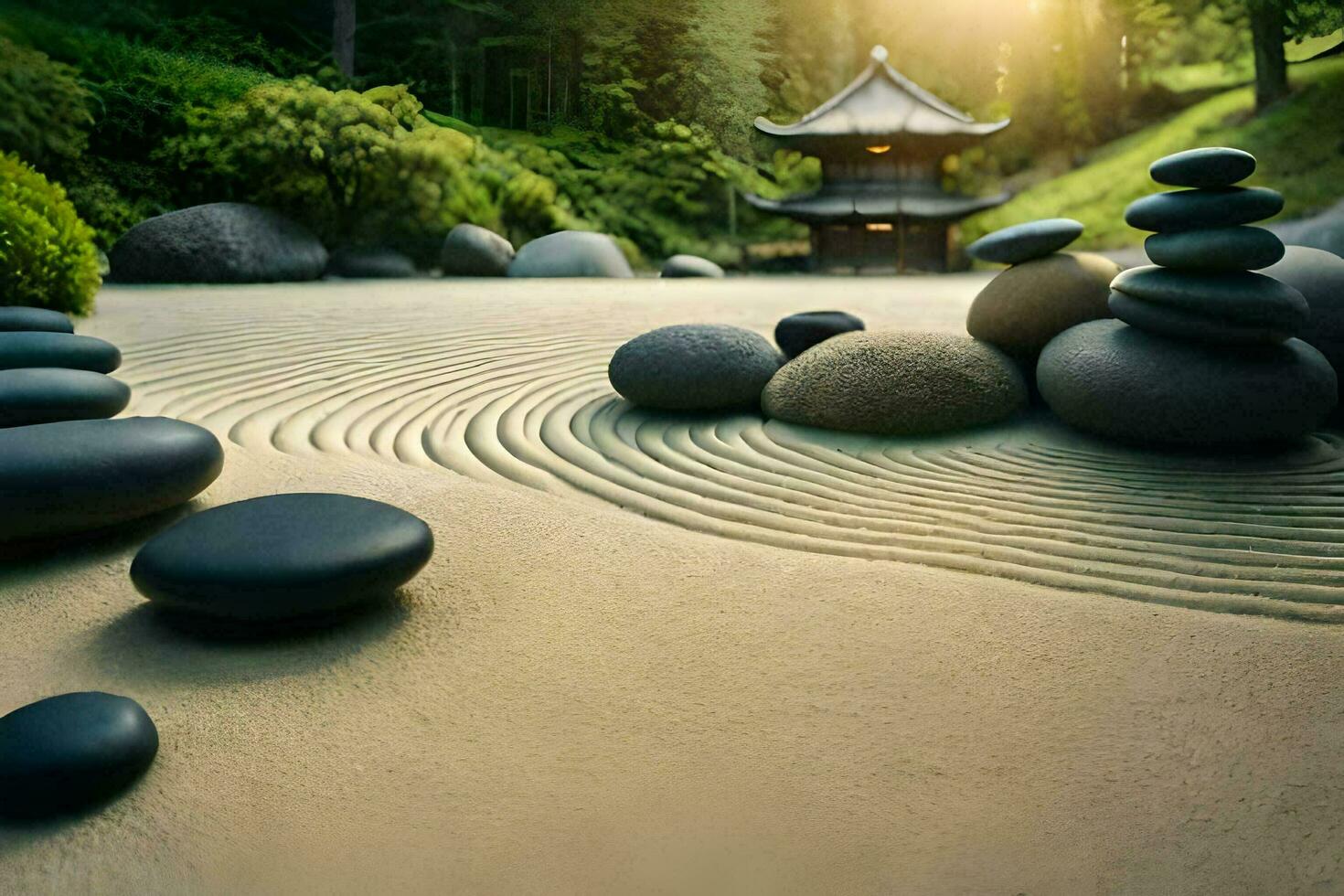 un' zen giardino con pietre e un' pagoda. ai-generato foto