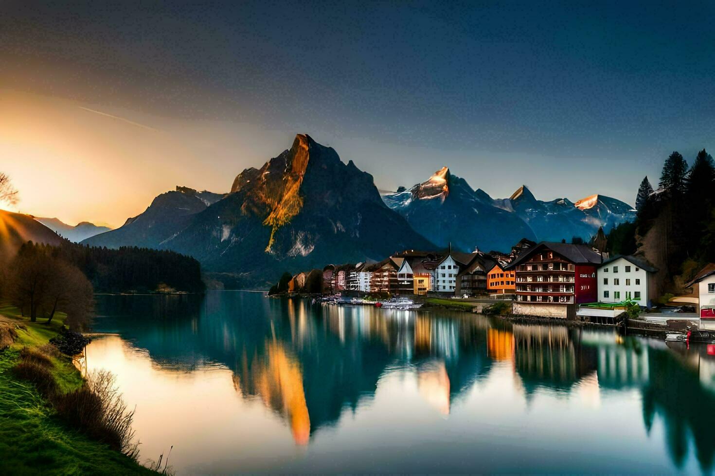 il sole imposta al di sopra di un' lago e montagne. ai-generato foto