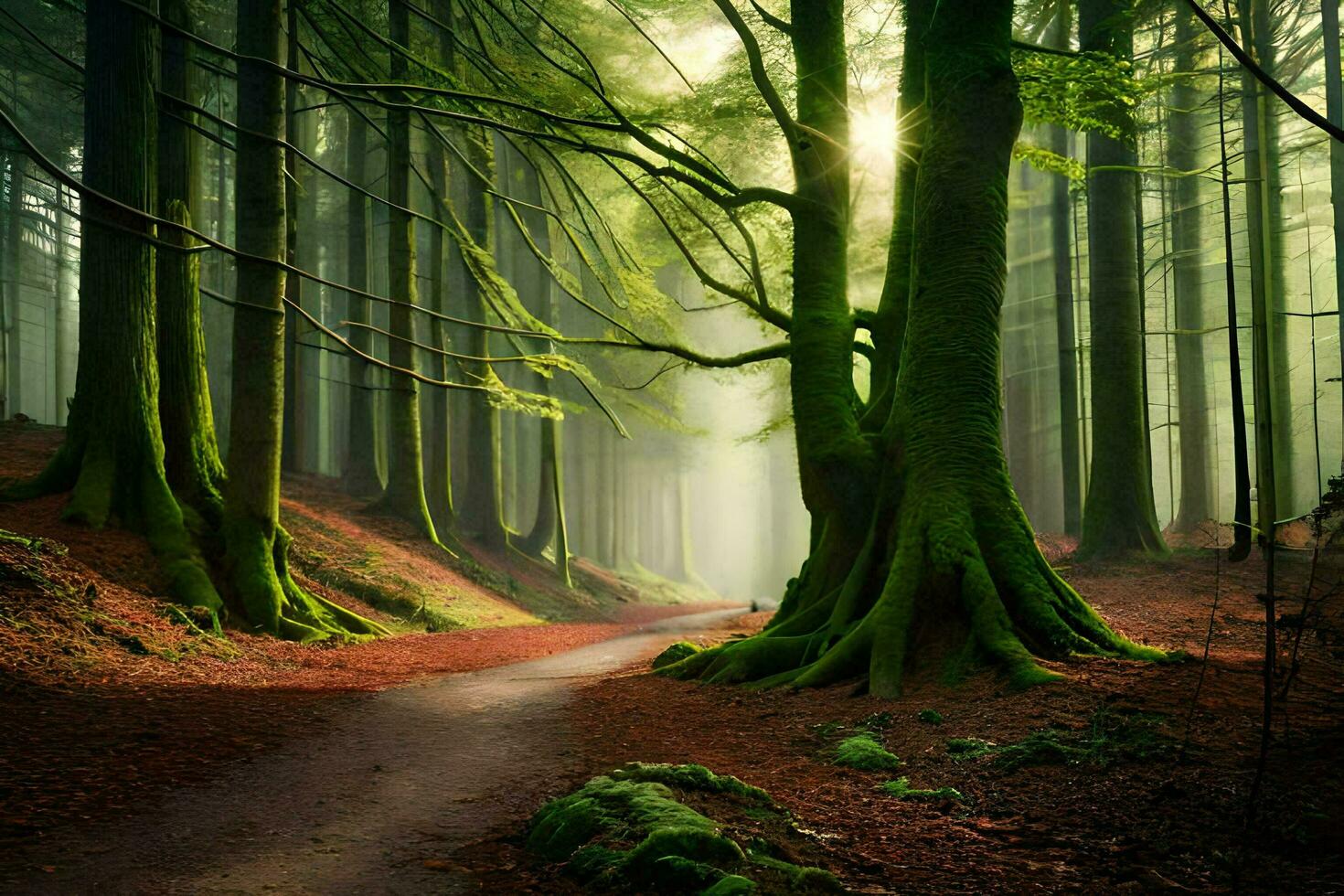 un' sentiero attraverso un' foresta con verde alberi. ai-generato foto