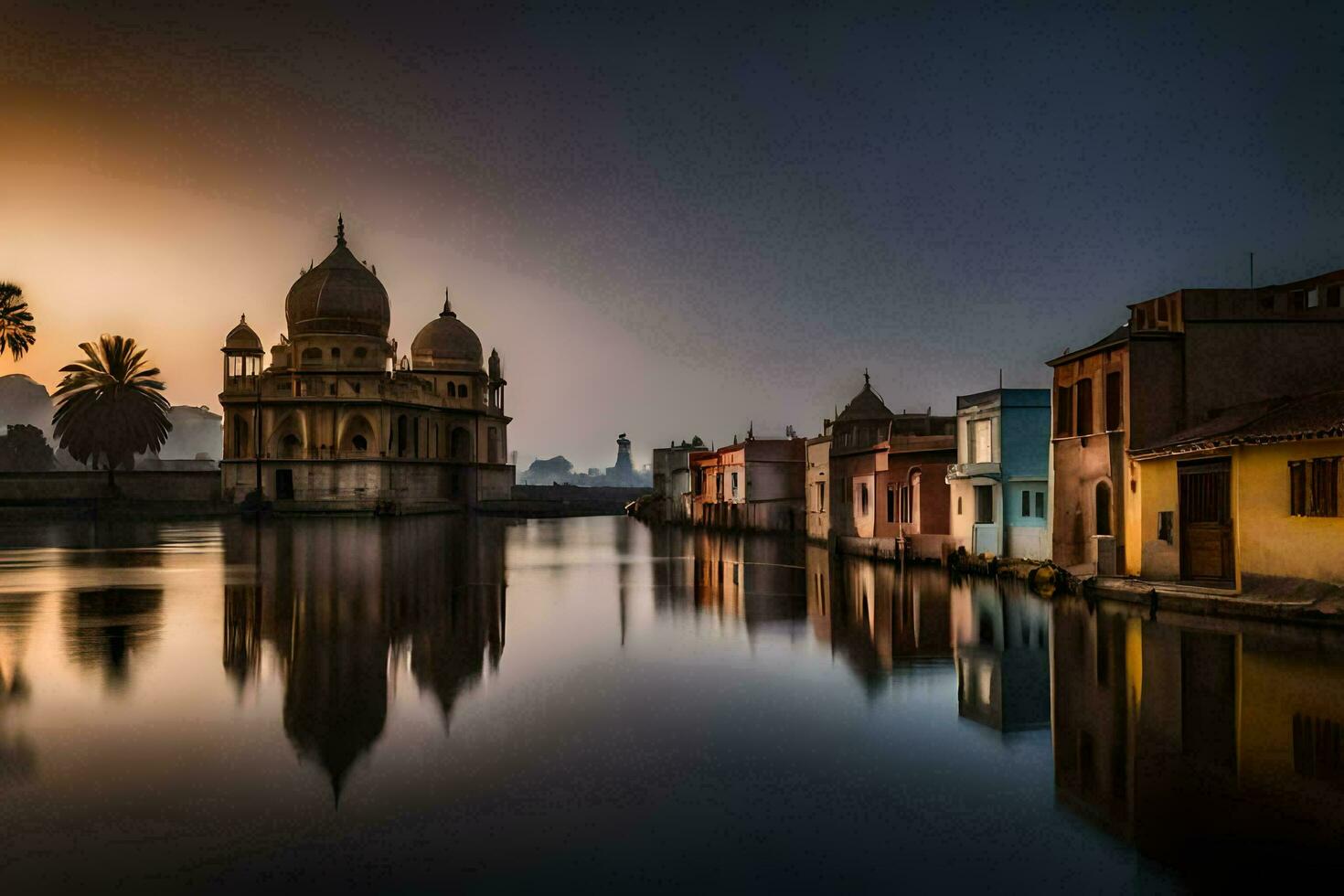 il sole imposta al di sopra di un' fiume e edifici. ai-generato foto