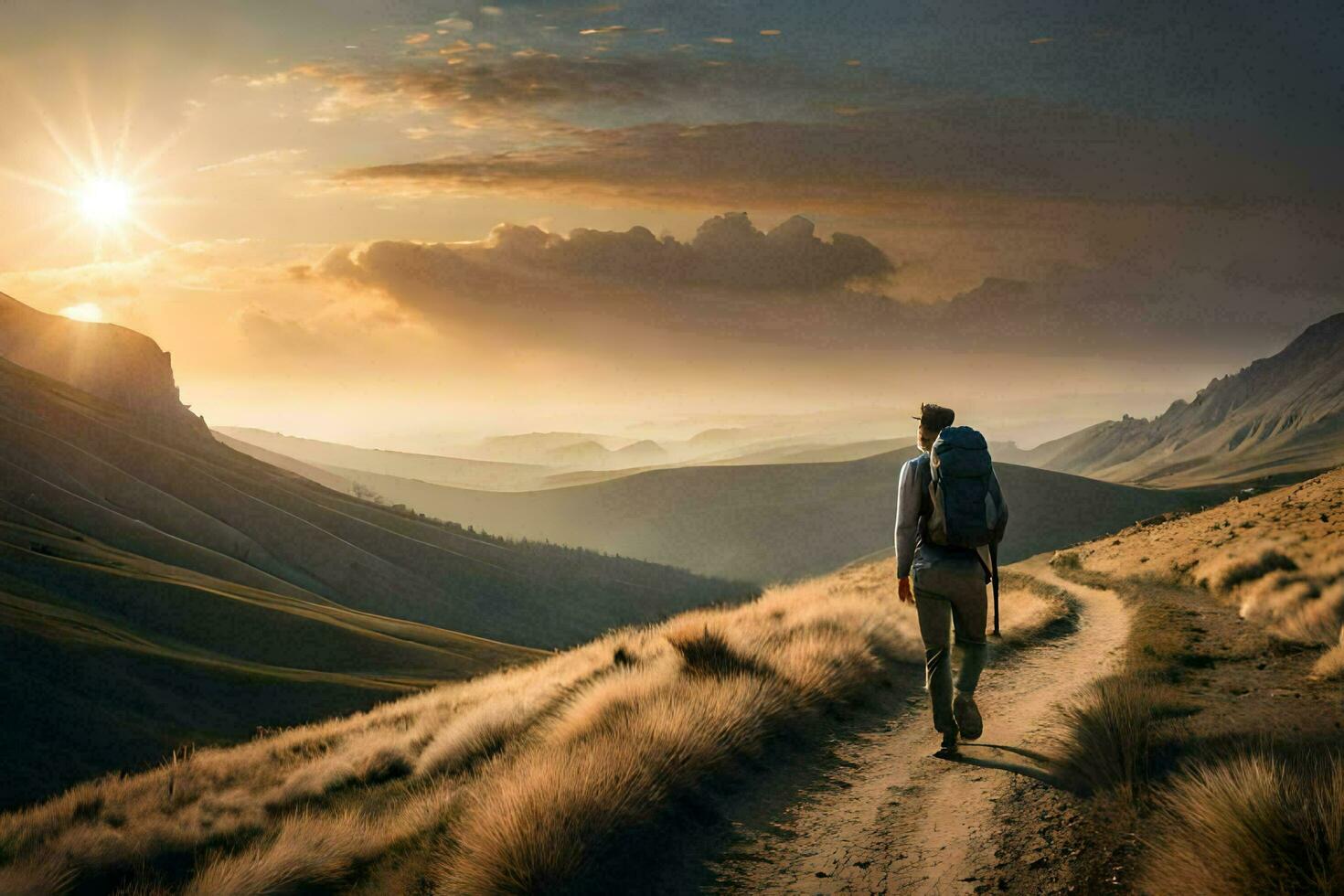 un' uomo con un' zaino a piedi su un' sporco strada nel il montagne. ai-generato foto