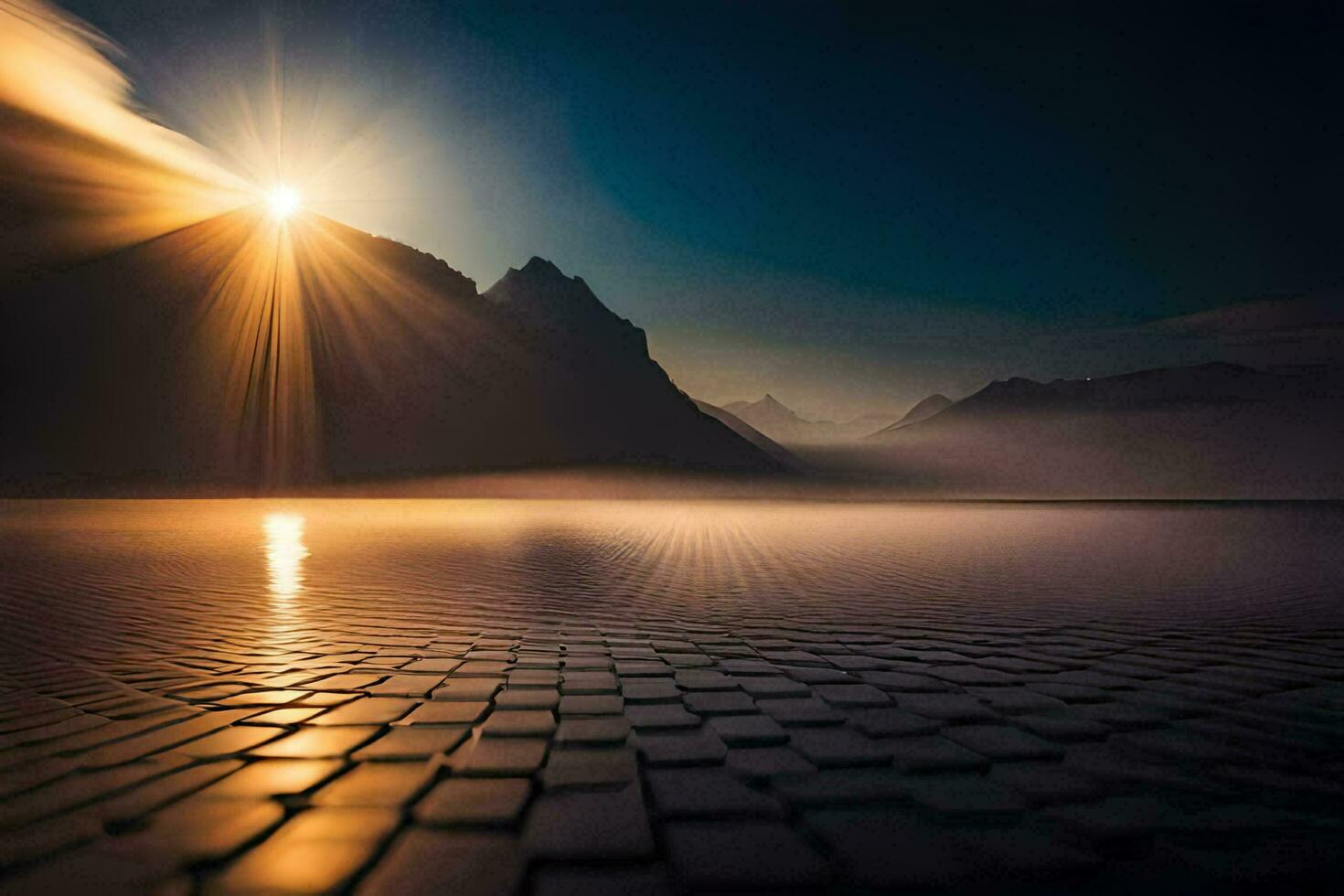 il sole brilla al di sopra di un' lago e montagne. ai-generato foto