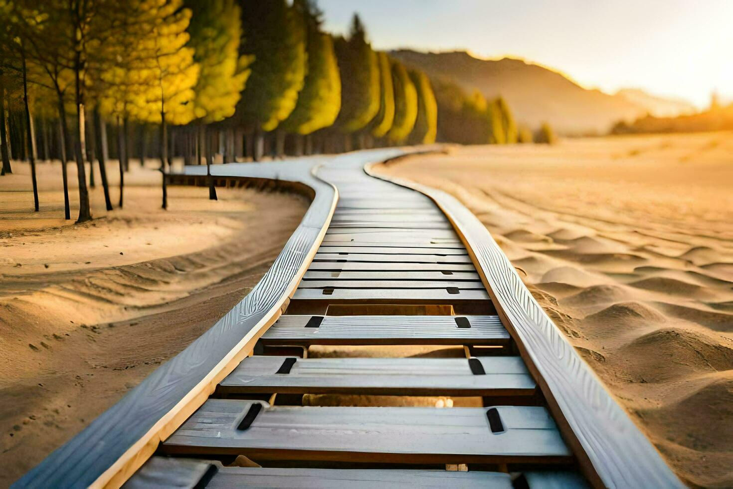 un' di legno traccia principale per un' sabbioso spiaggia. ai-generato foto