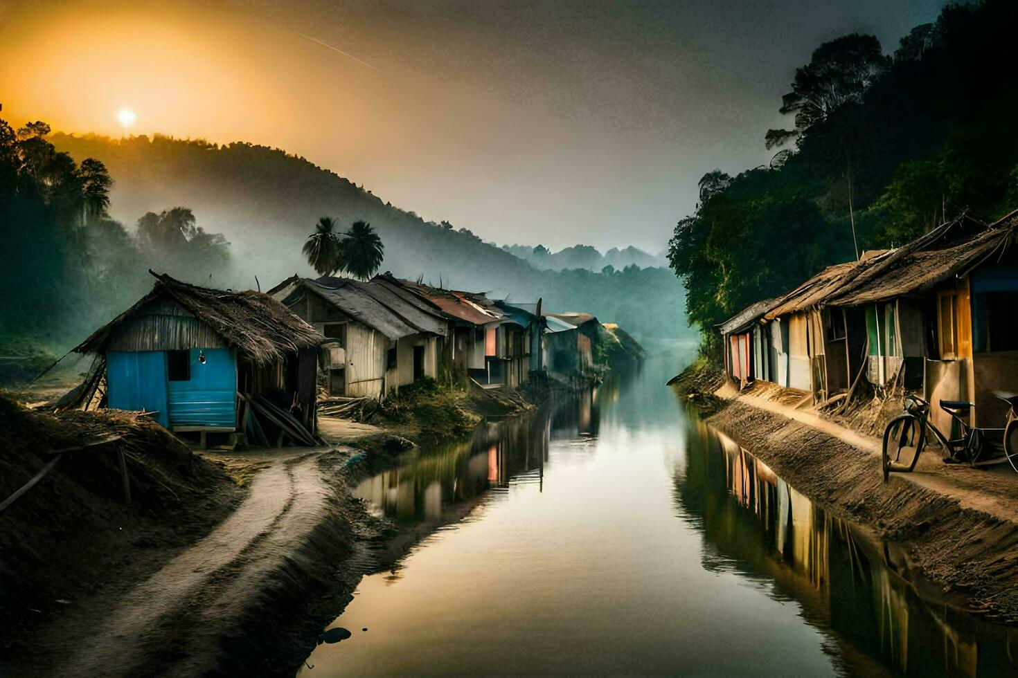 un' fiume corre attraverso un' villaggio a tramonto. ai-generato foto