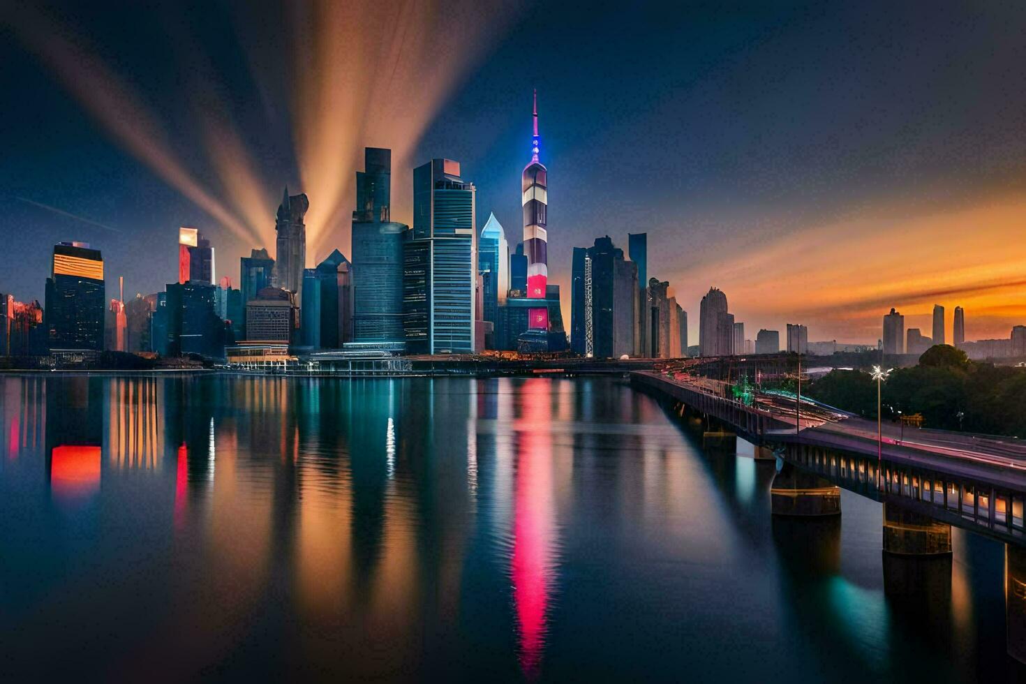 il città orizzonte a tramonto nel shanghai. ai-generato foto