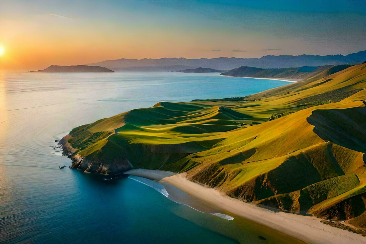 il sole imposta al di sopra di il oceano e colline nel Questo bellissimo foto. ai-generato foto