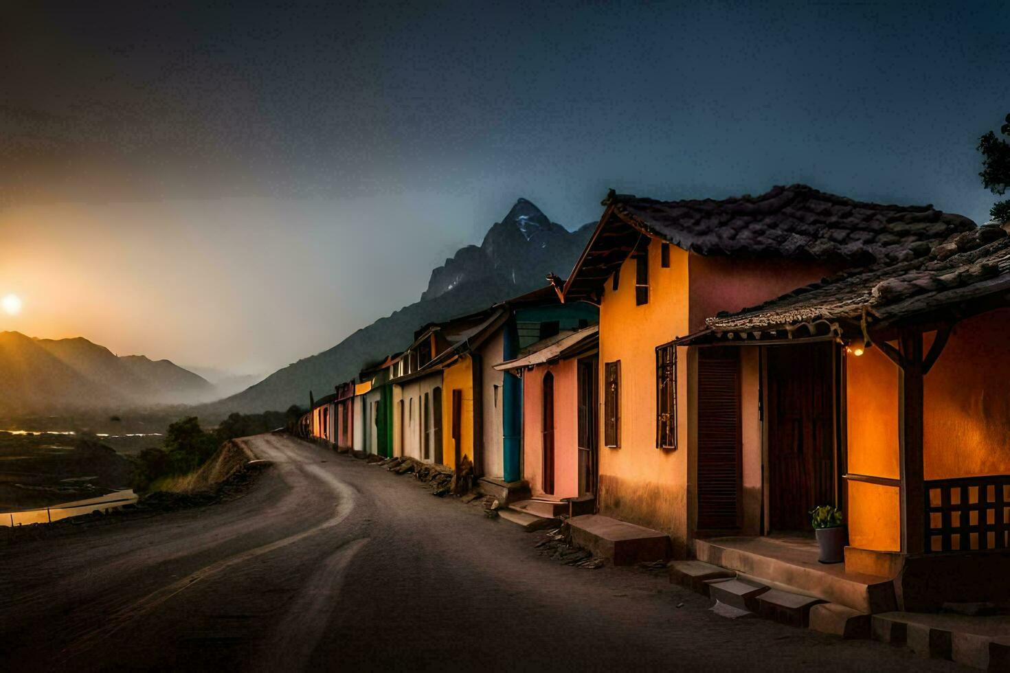 un' strada principale per un' villaggio a tramonto. ai-generato foto