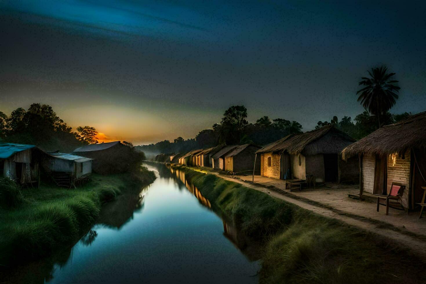 un' fiume nel il villaggio a tramonto. ai-generato foto