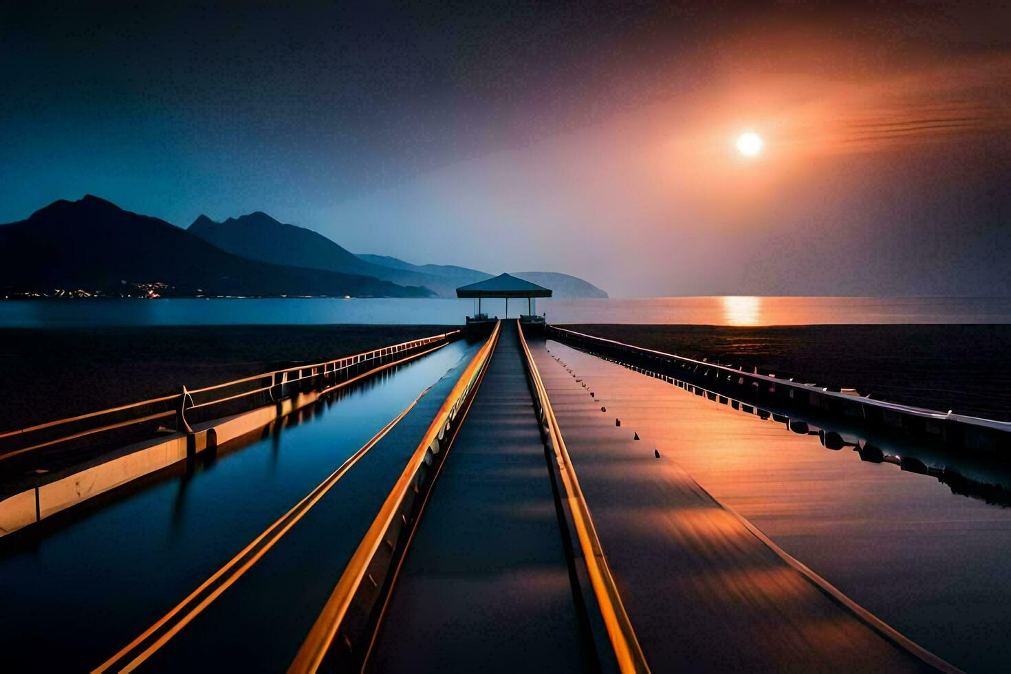 un' lungo molo con un' ponte principale per il oceano a notte. ai-generato foto